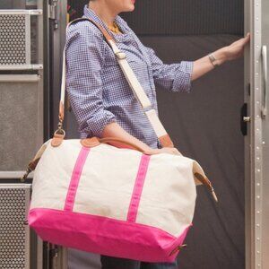 Pink and Natural Canvas Weekender Travel Bag with Leather Accents - New